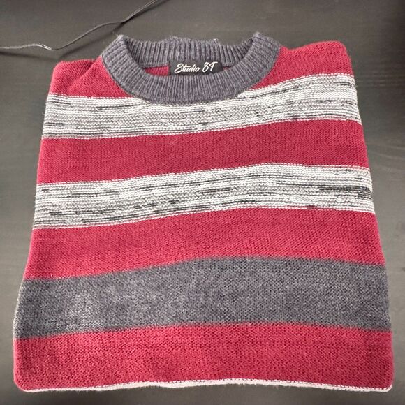 Studio 81 Striped Crewneck Sweater Men’s S GrandpaCore Retro Maroon Gray Knit - Picture 2 of 11